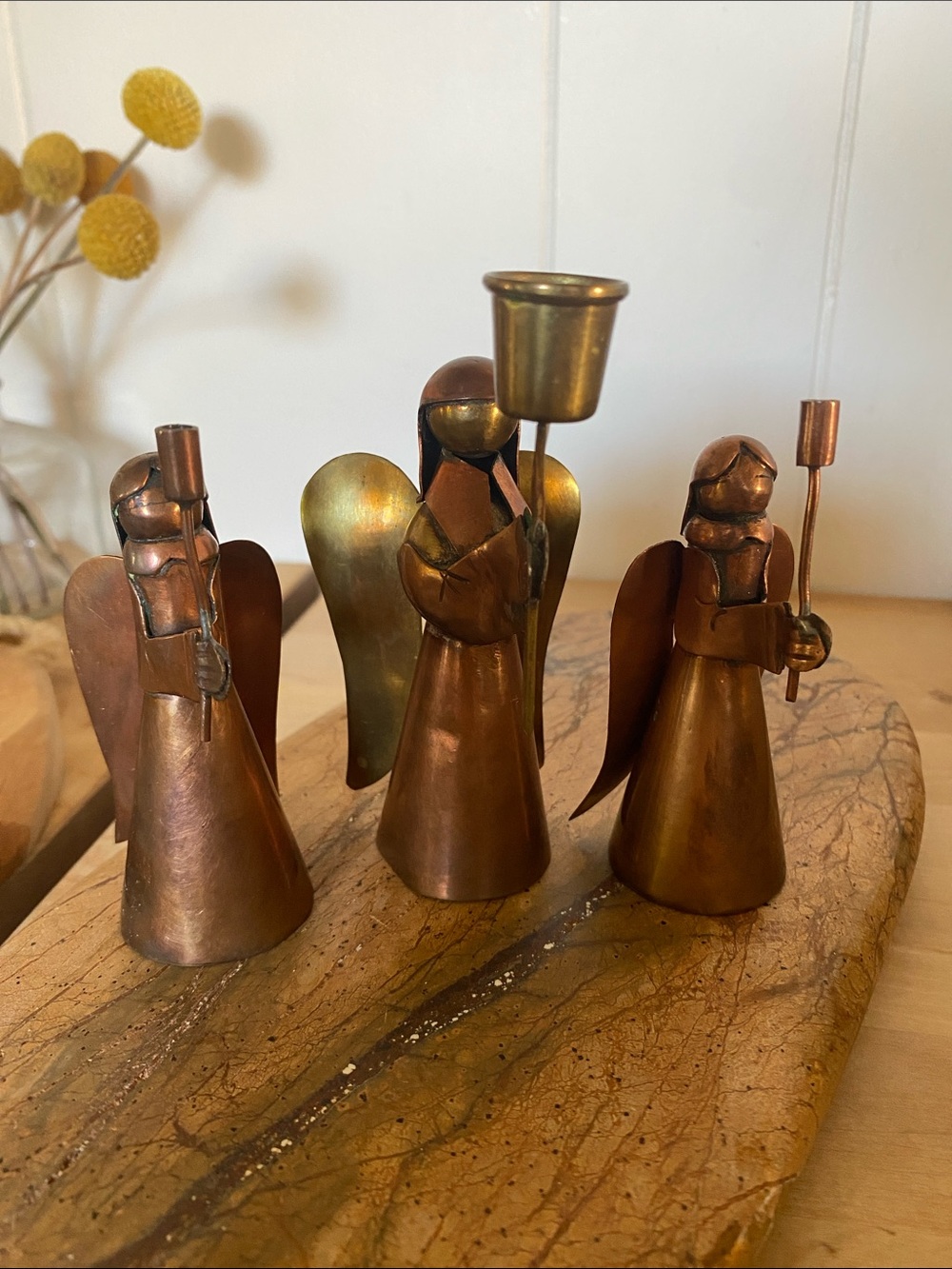 Vintage Copper/Brass Angels Candle Holder Trio - Metallic Copper Finish
